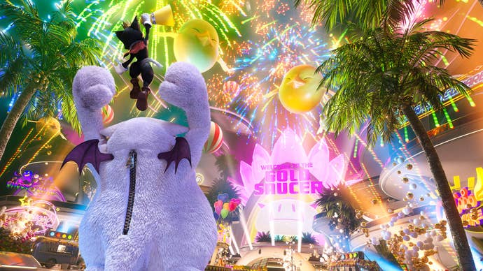 Cait Sith is hopping in the air on top of his moogle, bright lights and fireworks going off in front of him in the Golden Saucer in Final Fantasy 7 Rebirth.