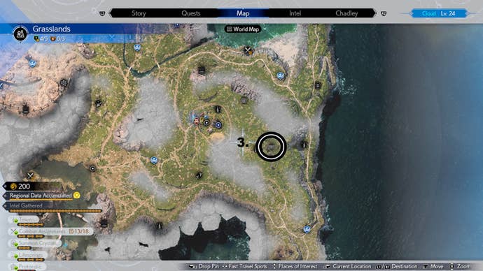 A map of the grasslands showing the location of the Jadewind Hill cache.