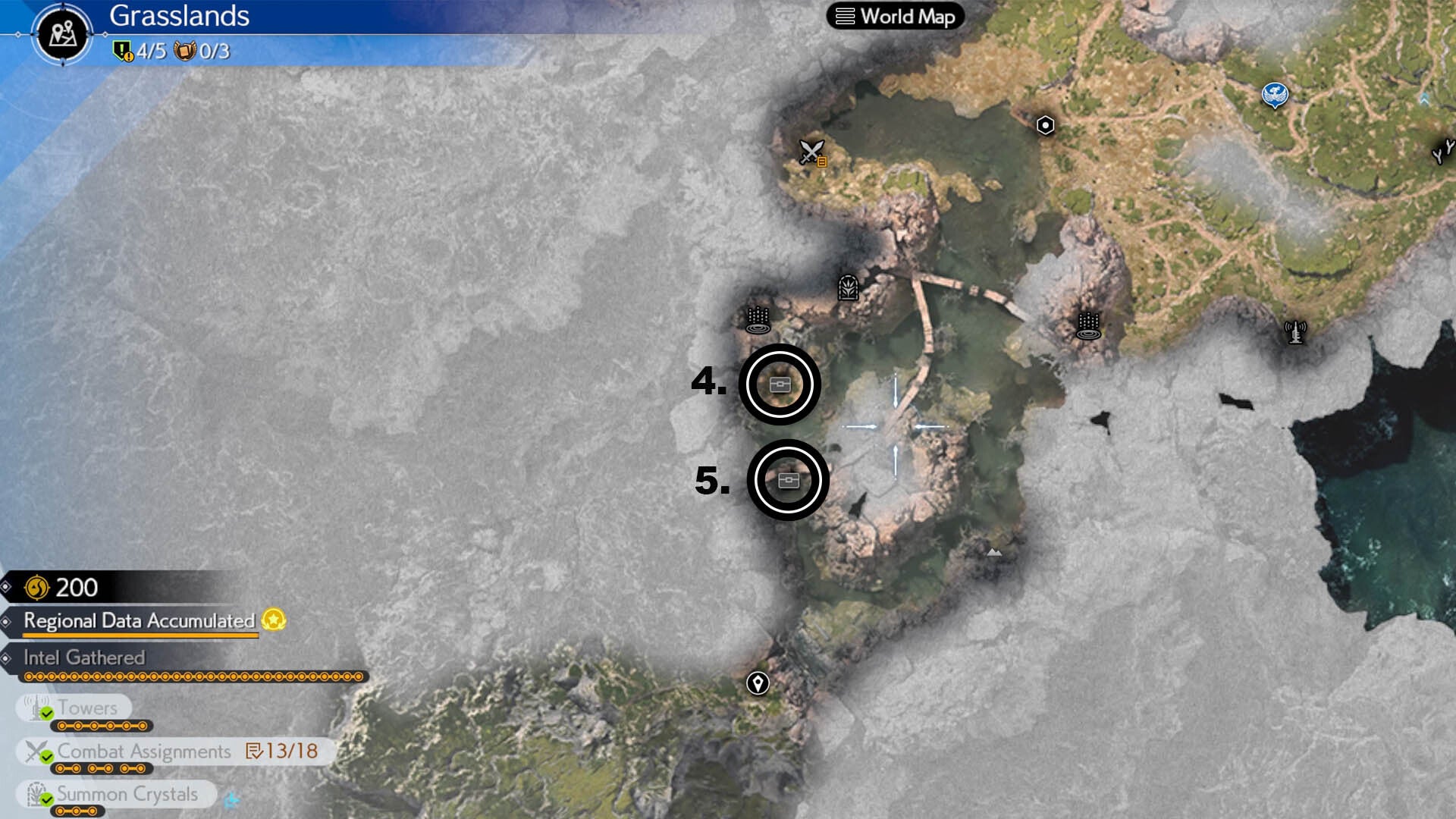A map of the grasslands showing the location of the Mistveil Reservoir Cache and the Marshy Mire cache.