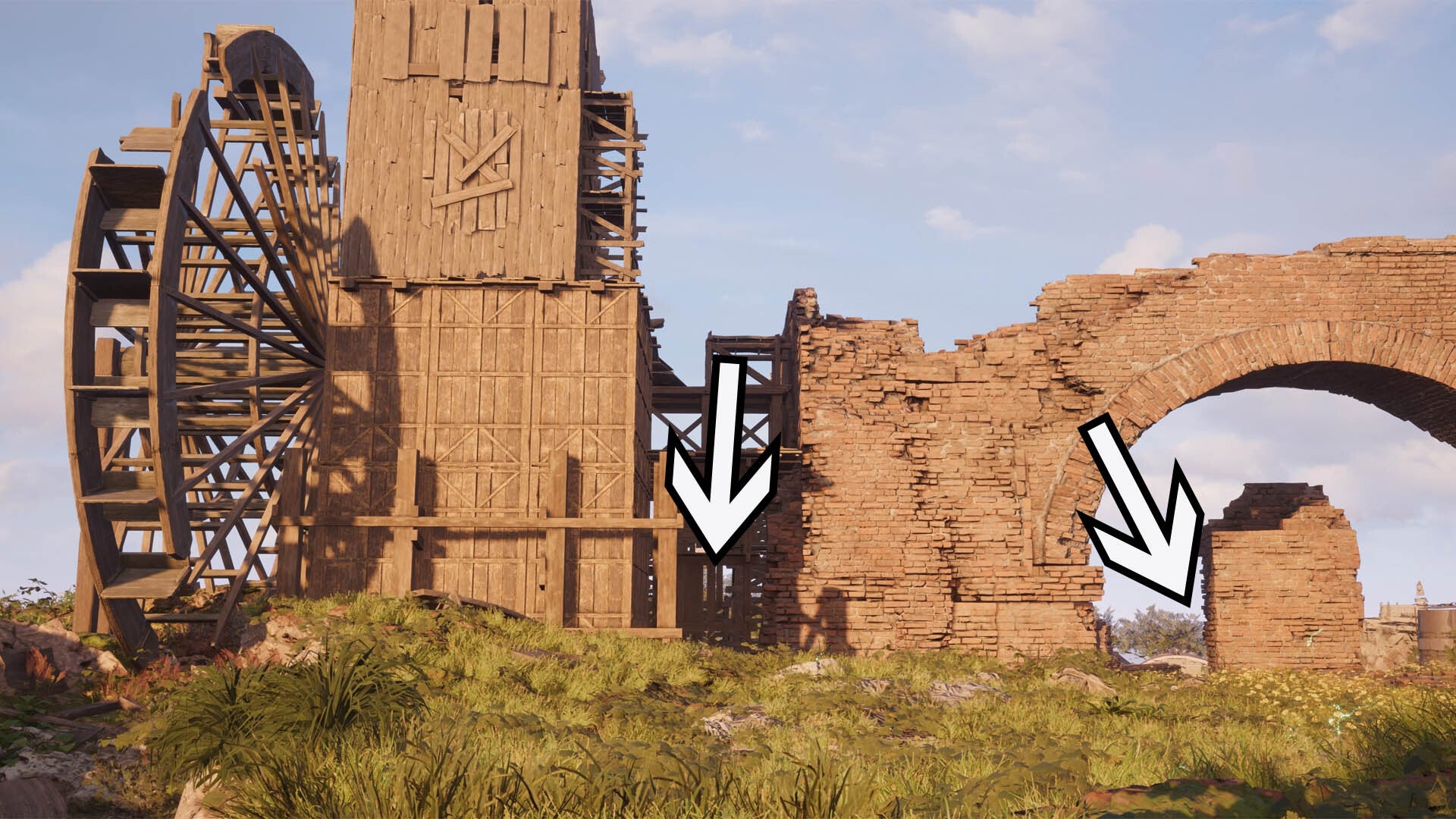 final fantasy 7 rebirth grasslands thresher waterwheel cache chest locations marked by two arrows.