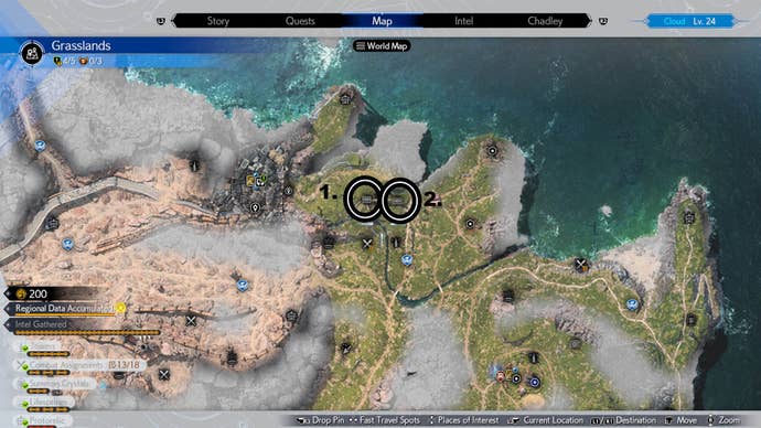 A map of the grasslands showing the thresher waterwheel and grassy viaduct cache locations.