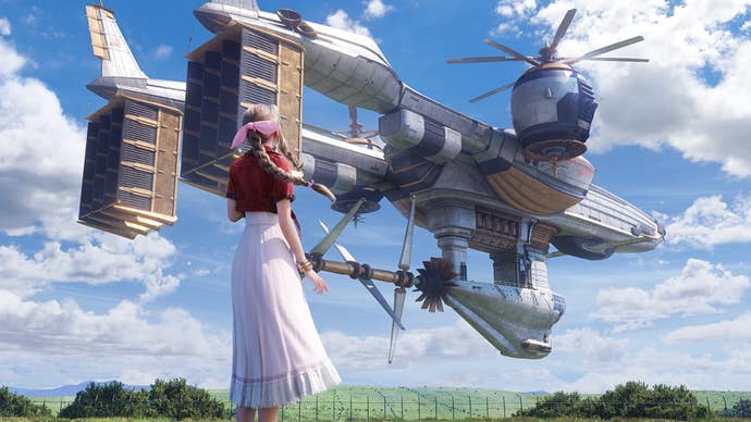 Aerith seeing Highwind, a large plane floating in the sky, in the final fantasy 7 Renaissance Key Art.
