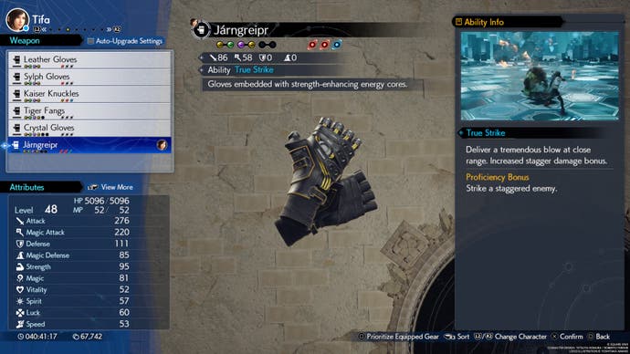 A menu screen showing the stats for Tifa's Jarngriepr weapon in Final Fantasy 7 Rebirth.