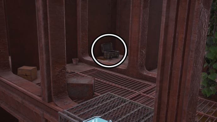 A circle highlights an open reward chest sitting in a compartment on the side of a ship.