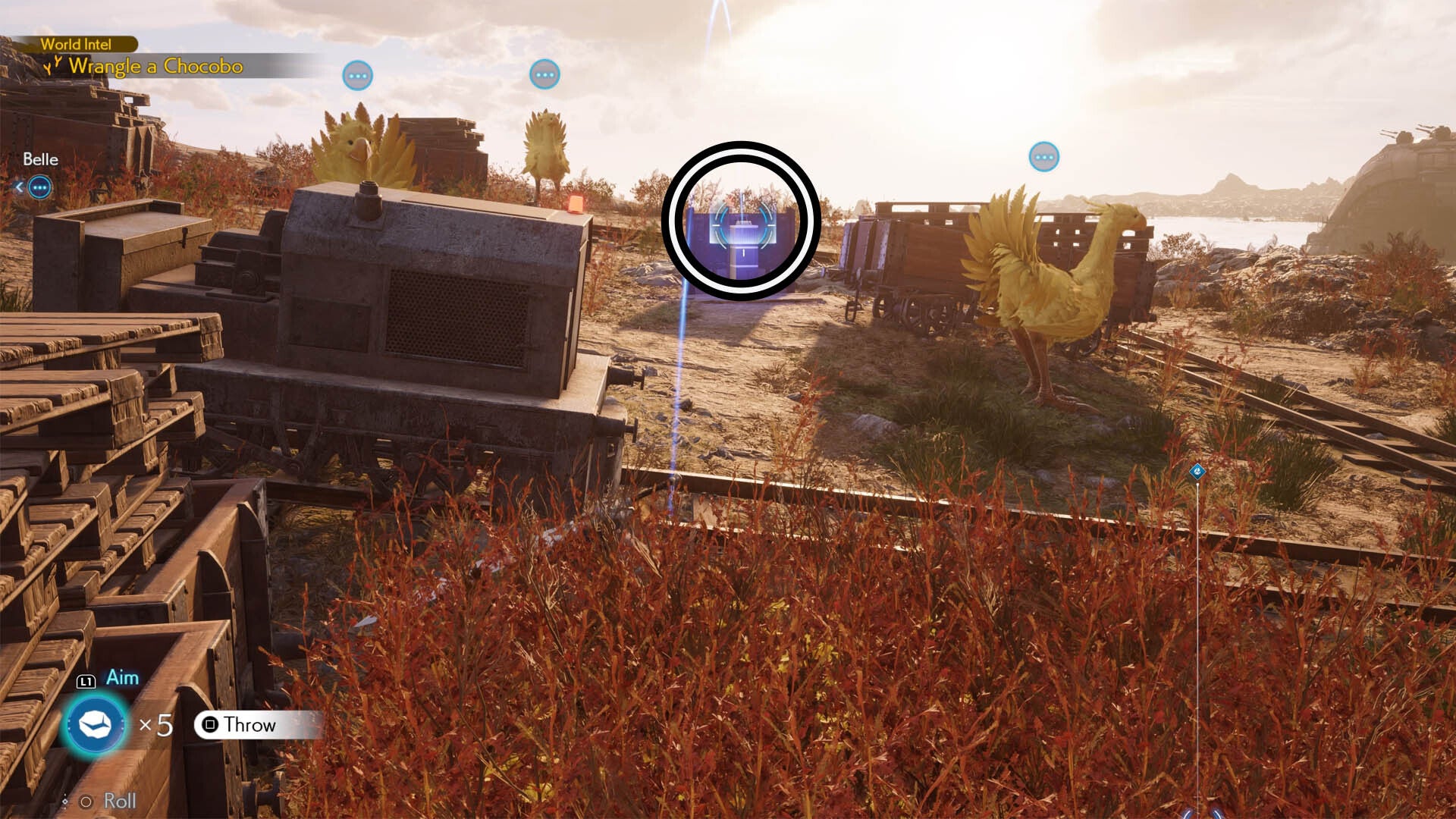 final fantasy 7 rebirth junon chocobo quest, Cloud is aiming a rock at a switch from some grass.