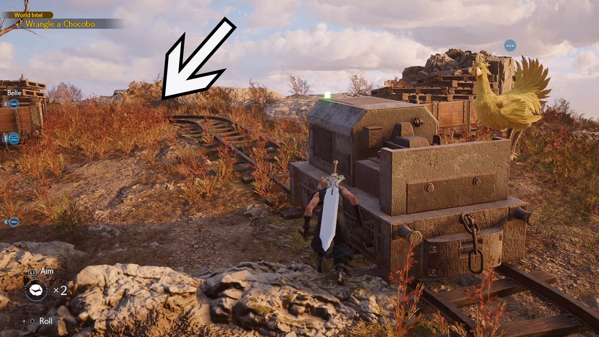 final fantasy 7 rebirth junon chocobo final track, Cloud hiding behind a cart and an arrow is pointing to a patch of tall grass.