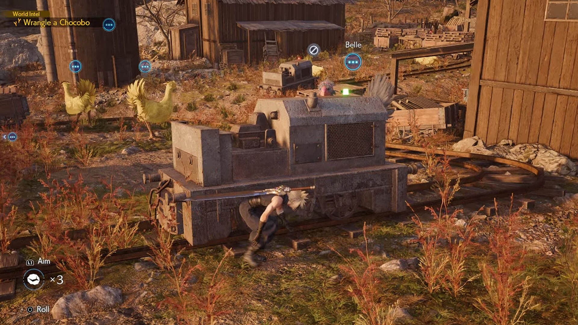 final fantasy 7 rebirth junon chocobo final track, Cloud is hiding behind a cart and the Chocobo Belle is on the opposite side.