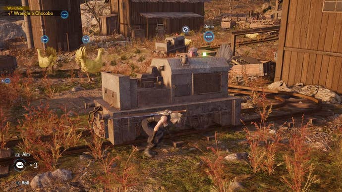 final fantasy 7 rebirth junon chocobo final track, Cloud is hiding behind a cart and the Chocobo Belle is on the opposite side.