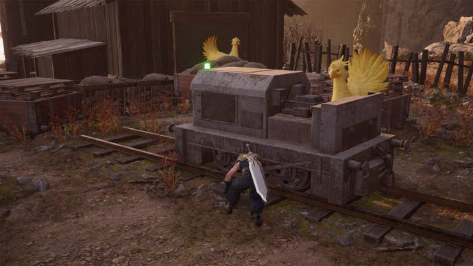 final fantasy 7 rebirth junon chocobo quest cloud behind first cart hiding from a yellow Chocobo