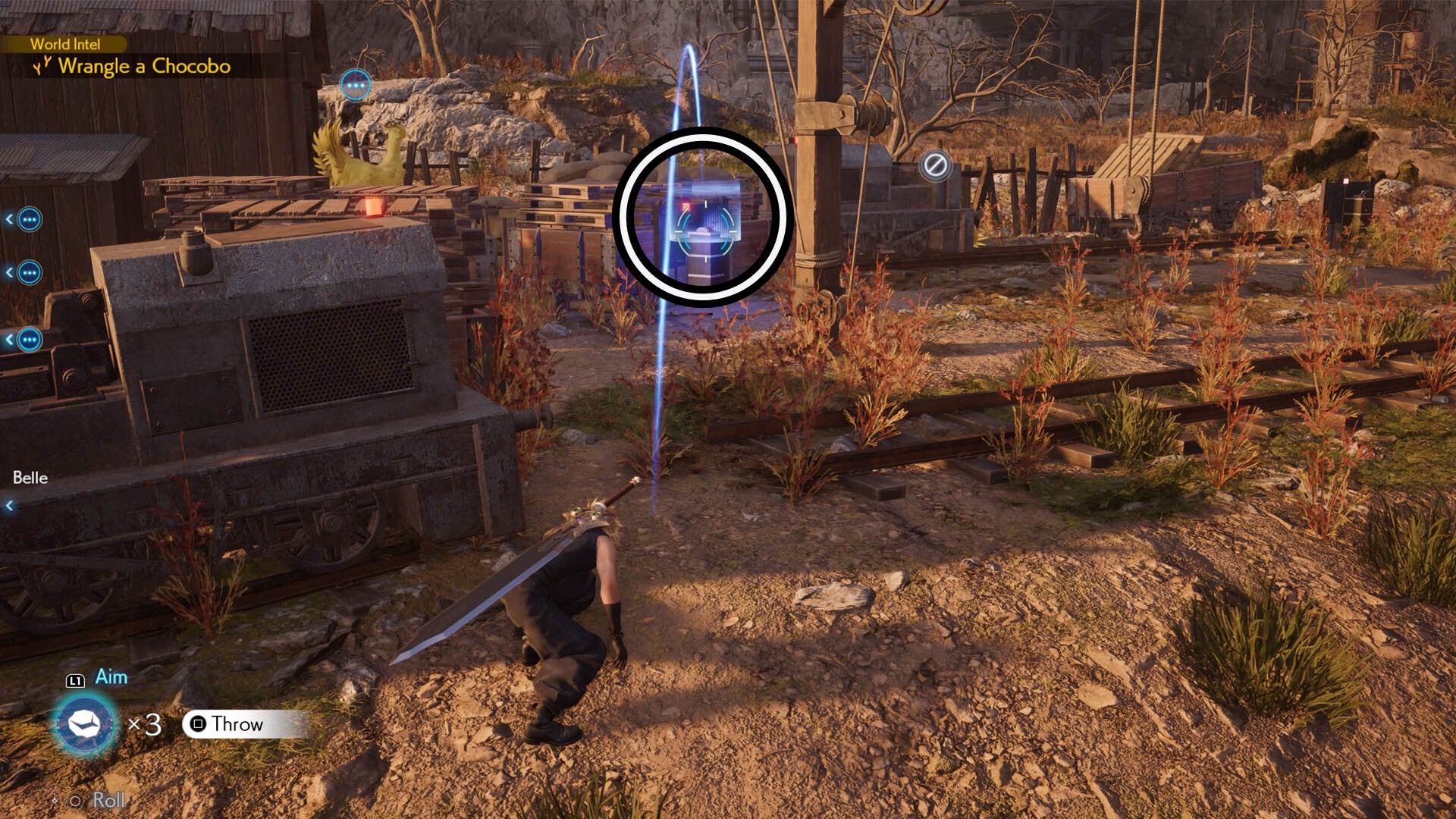 final fantasy 7 rebirth junon chocobo quest, Cloud is aiming a rock at a switch.