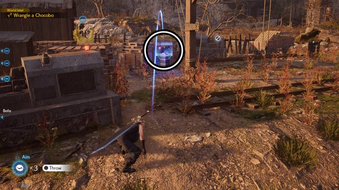 final fantasy 7 rebirth junon chocobo quest, Cloud is aiming a rock at a switch.