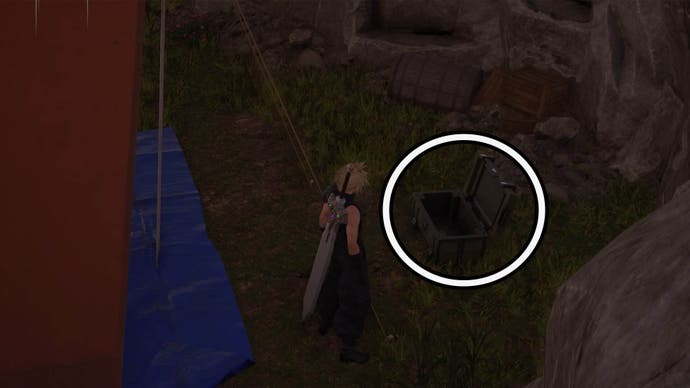 A circle is highlighting an open reward chest that Cloud is looking at behind an orange tent.