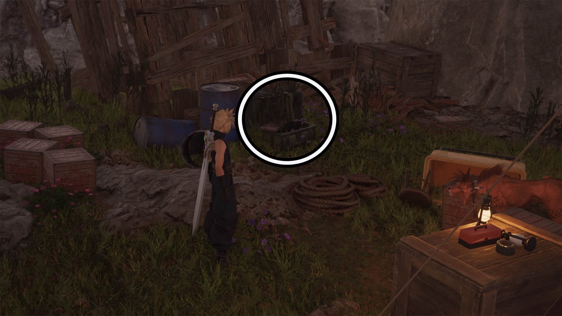 A circle is highlighting an open reward chest beneath a haphazard wooden structure, it&rsquo;s hidden amongst some other crates as Cloud stares at it.