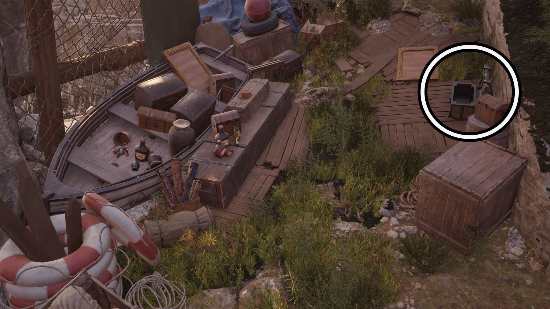 A circle highlights an open reward chest on the right side of the screen, it&rsquo;s among abandoned treasure and opposite a wooden rowing boat filled with items.