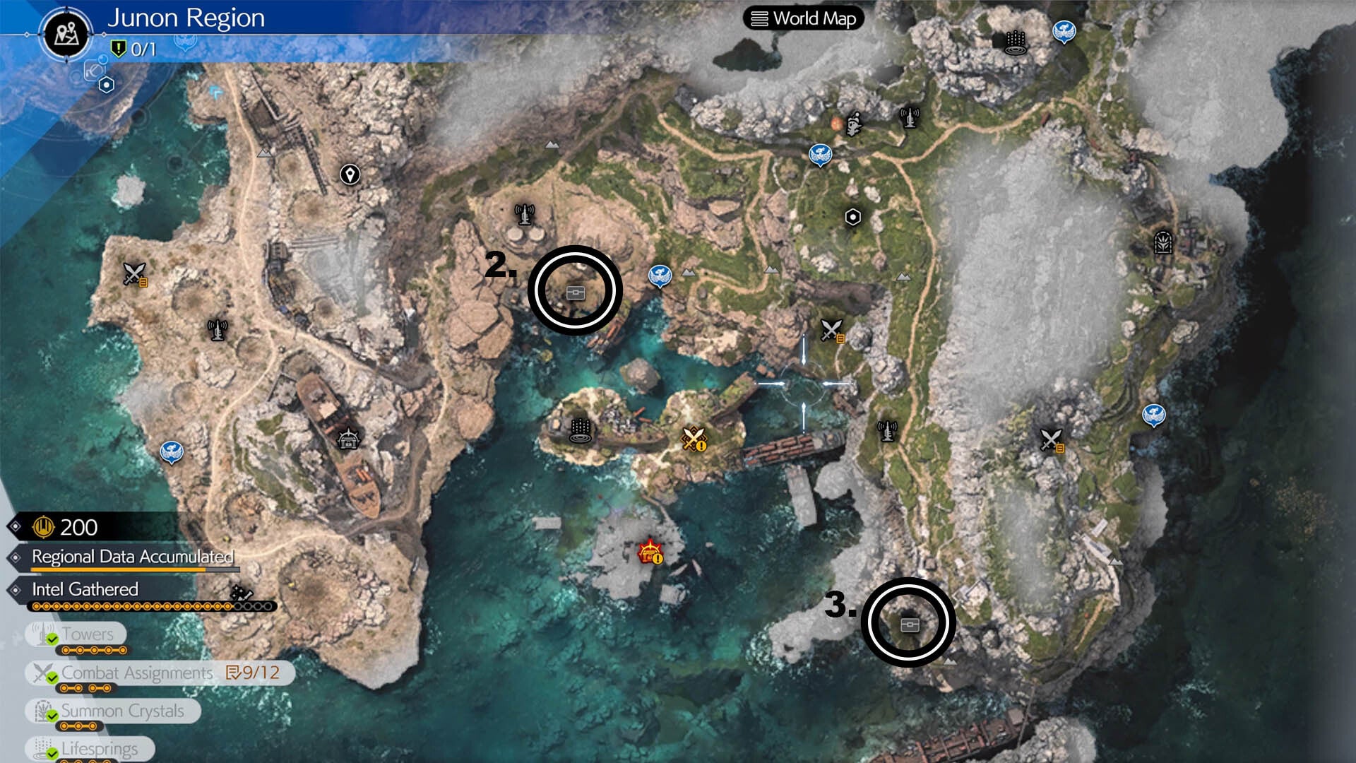 A map of Junon shows the locations of the ruined treasury and cargo shipwreck caches.