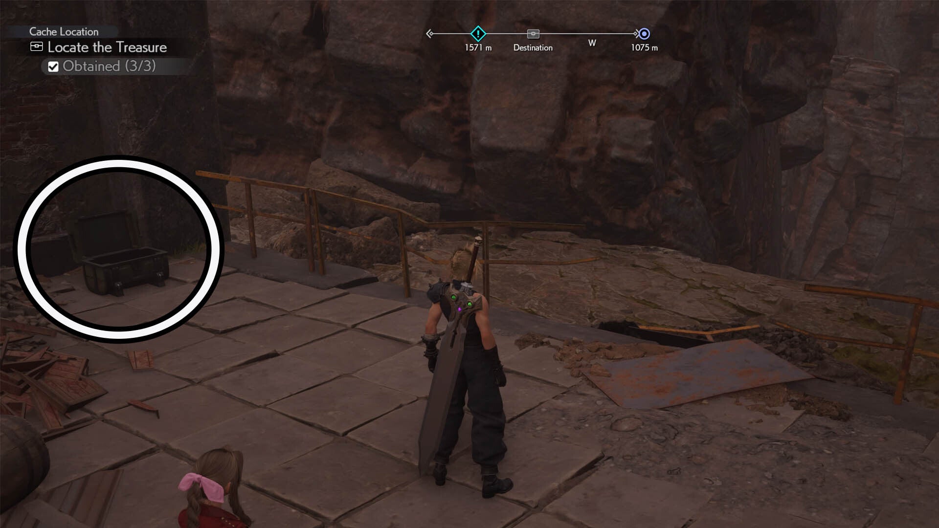 final fantasy 7 rebirth mistveil reservoir chest three location circled to the left of Cloud and Aerith.