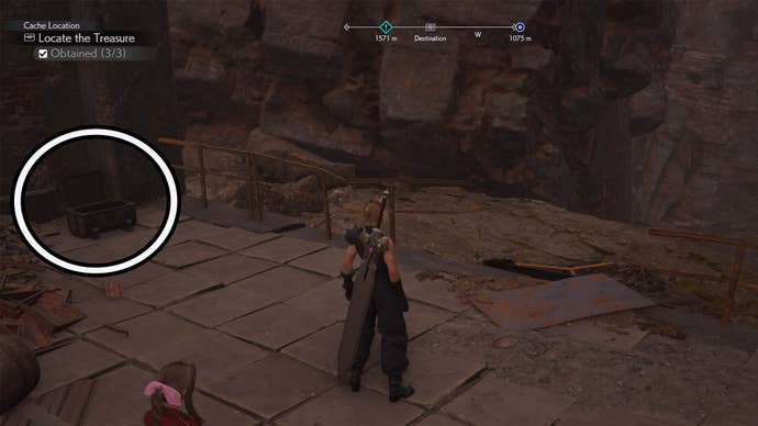 final fantasy 7 rebirth mistveil reservoir chest three location circled to the left of Cloud and Aerith.