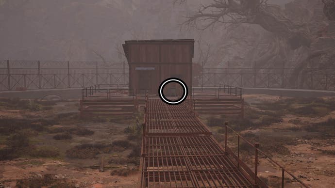 final fantasy 7 rebirth mistveil reservoir chest two location circled at the end of a metal walkway by a hut.