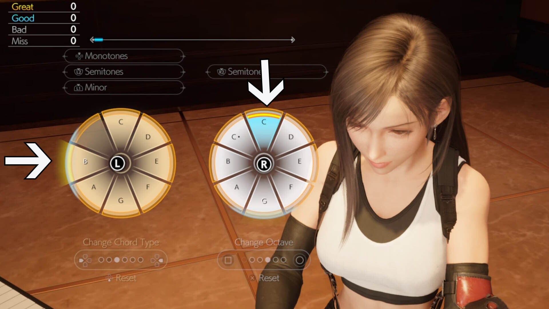 Two arrows point to different notes appearing while playing Tifa&rsquo;s Theme on the Piano.