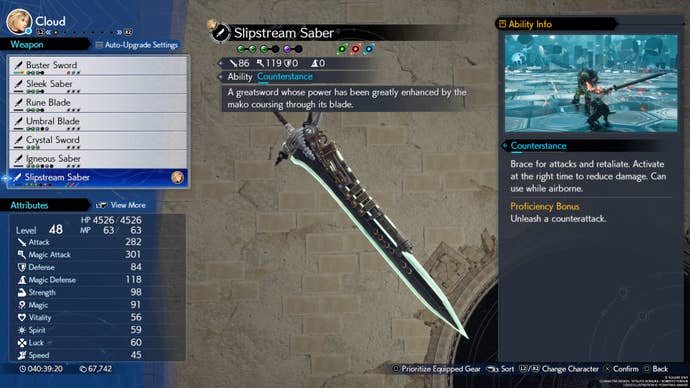 A menu screen showing the stats for Cloud's Slipstream Saber weapon in Final Fantasy 7 Rebirth.