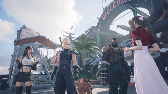 From left to right, Tifa, Cloud, Red XII, Barret and Aerith are standing on the Costa del Sol dock.