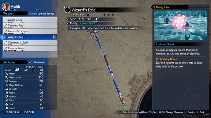 A menu screen showing the stats for Aerith's Wizard's Rod weapon in Final Fantasy 7 Rebirth.