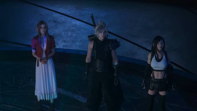 Aerith, Cloud and Tifa, in that order, stand looking up at something we cannot see in FF7 Rebirth.