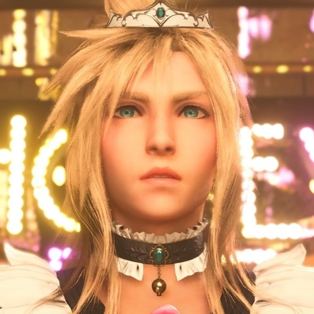 cloud blue dress ff7 remake Cloud wearing the "Classic Dress" outfit and using the "Noble Parasol " weapon in Final Fantasy VII Ever Crisis