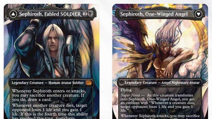 Two Magic the Gathering cards showing creation of Sephiroth successful 2 antithetic forms.