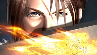 Final Fantasy 8's Squall broods behind a flaming gunblade