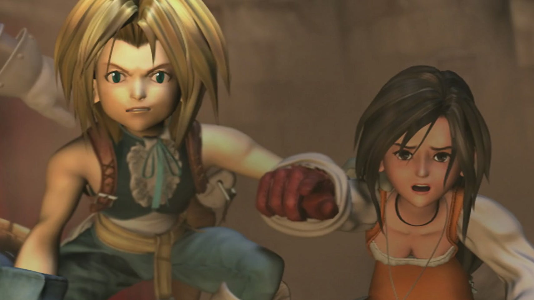 Zidane and Garnet looking up to sky, scared of something in Final Fantasy 9. - 1