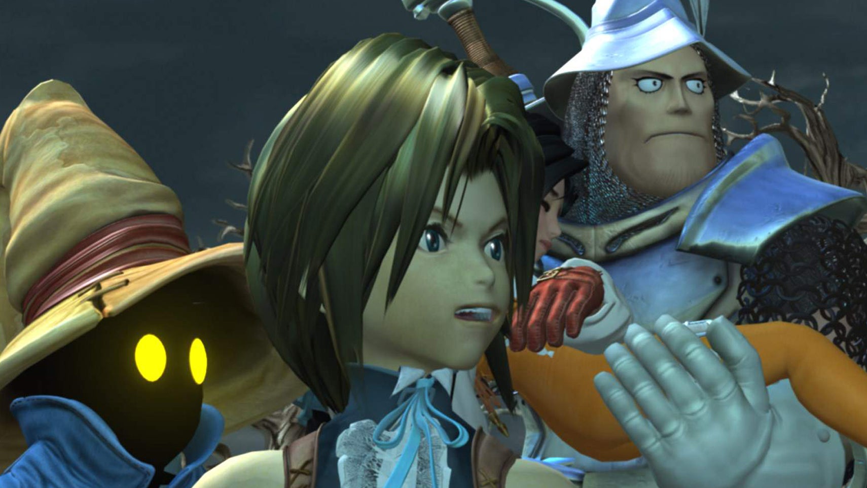 From left to right: Vivi, Zidane, Garnet who is being held by Aldebert, all looking at something offscreen in Final Fantasy 9. - 1
