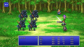 A battle screen showing four warriors attack four monsters in the Final Fantasy II Pixel Remaster