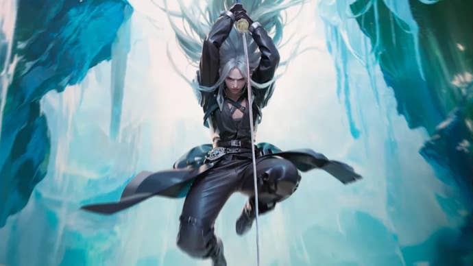 Sephiroth, a man with long grey hair and a black leather suit, is falling, plunging a long sword downwards.