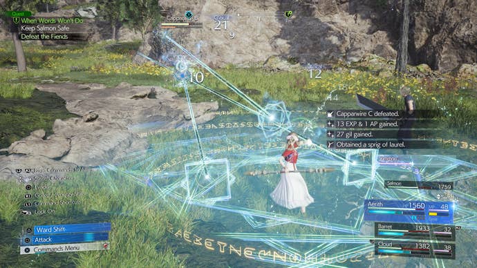 Aerith shoots lasers at a very small monster.