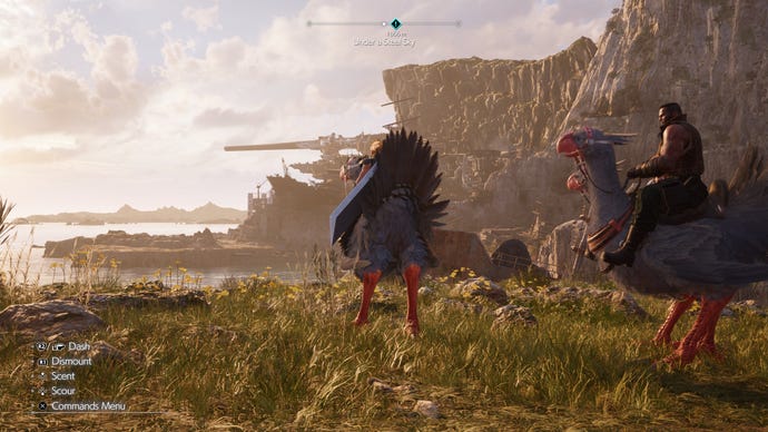 Junon cannon in the background, Cloud and Barret riding chocobos in the foreground.