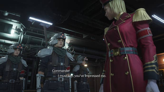 Tifa, Aerith, and Cloud disguised as Shinra soldiers.