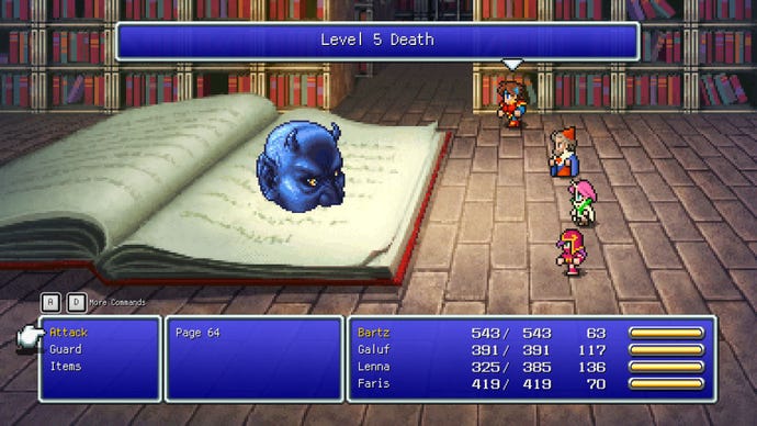 The gang of Final Fantasy V take on an enemy in the Library of the Ancients