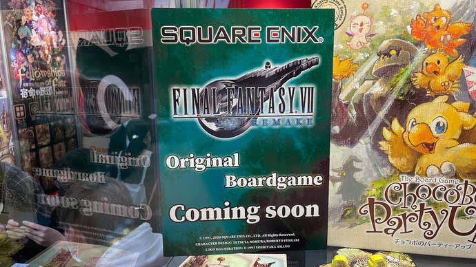 A photo of a sign at Essen Spiel saying that a Final Fantasy VII Remake original boardgame is “coming soon”.