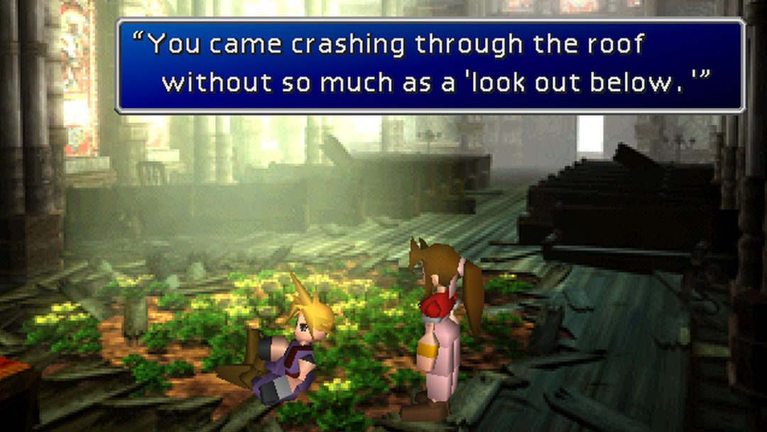 Cloud picks himself up from the floor of a ruined church, as Aerith looks on. - 1