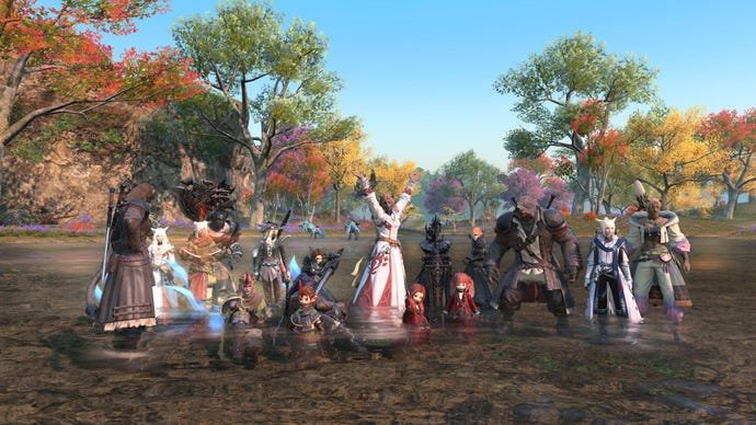 A group of players in Final Fantasy XIV: Dawntrail celebrate a victory.