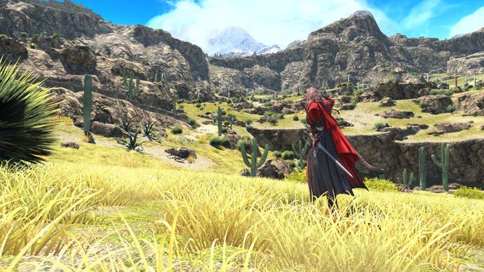 A figure stalks the grasslands in Final Fantasy XIV: Dawntrail.