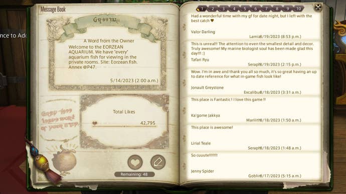 The guest book for the North American Eorzean Aquarium in Final Fantasy XIV