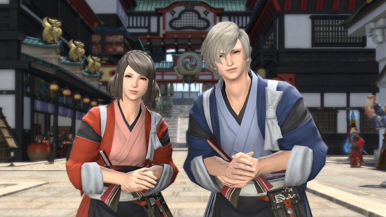 Two Final Fantasy XIV players face the camera with a welcoming look. - 6