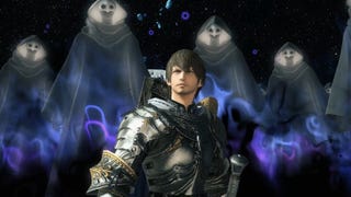 A man in armour surrounded by masked ghosts in Final Fantasy XIV.