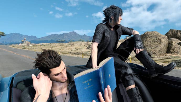 Two lads from Final Fantasy 15 sit in the back of a car on the open road