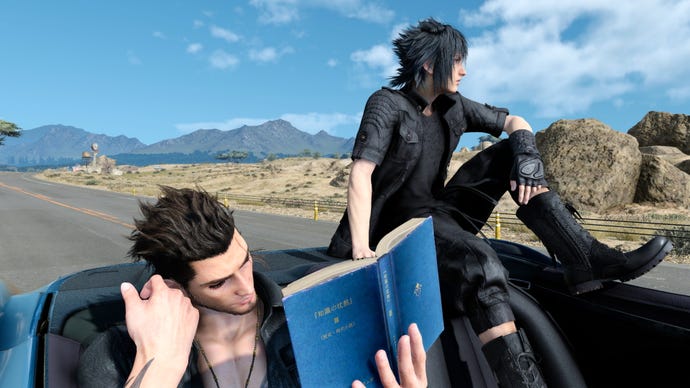 Two lads from Final Fantasy 15 sit in the back of a car on the open road