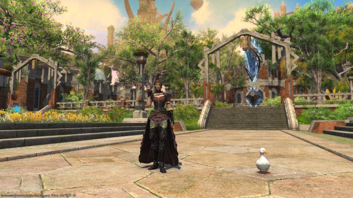 FF14 State of the Game - the player walking towards the camera next to a little duck companion