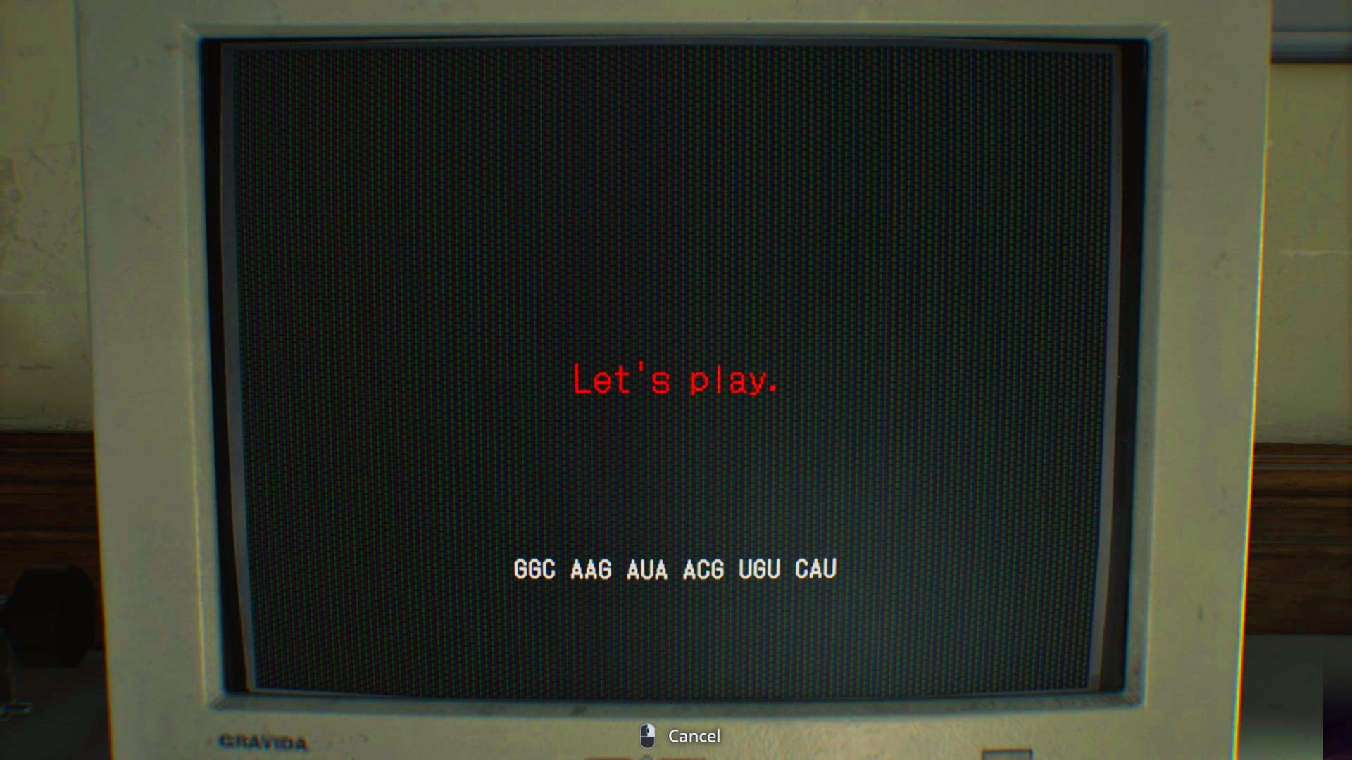 A monitor in Resident Evil Requiem displays a cryptic message - "Let's Play" - followed by a string of mysterious letters.