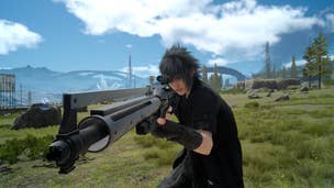 Final Fantasy 15 combat screens show rifle, handgun, circular saw in action